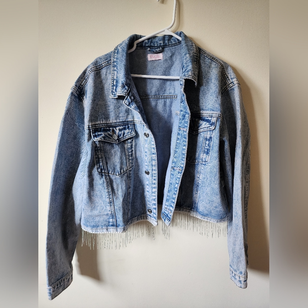 Jean jacket with bedazzled fringes